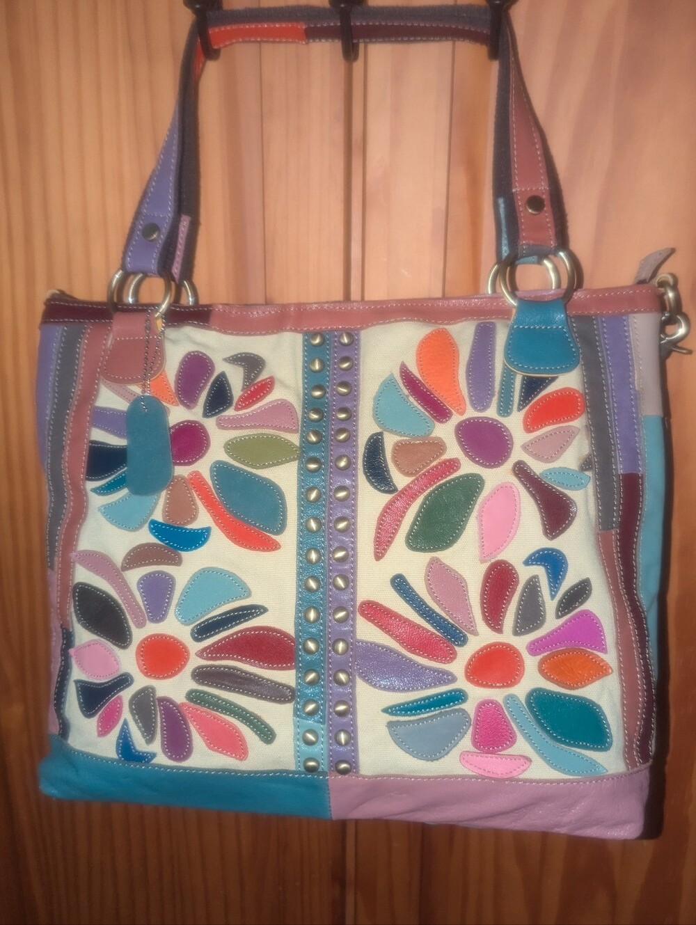 Ameri Leather Rosalie Leather And Canvad Multicolor Floral Appliqué Tote Bag